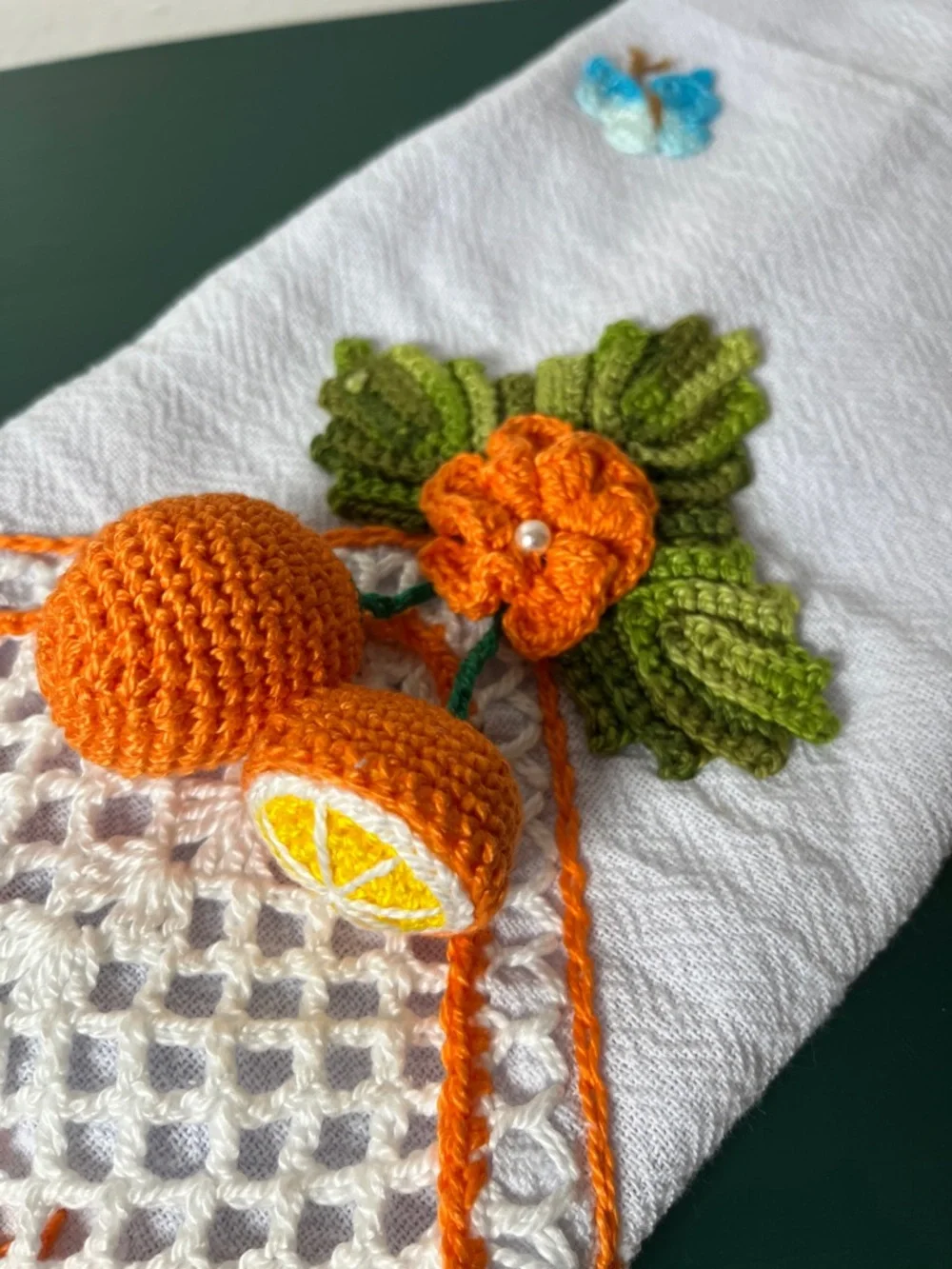 Handcrafted Linen Cotton Embroidered 3D Amigurumi Orange Fruit Kitchen Tea Towel